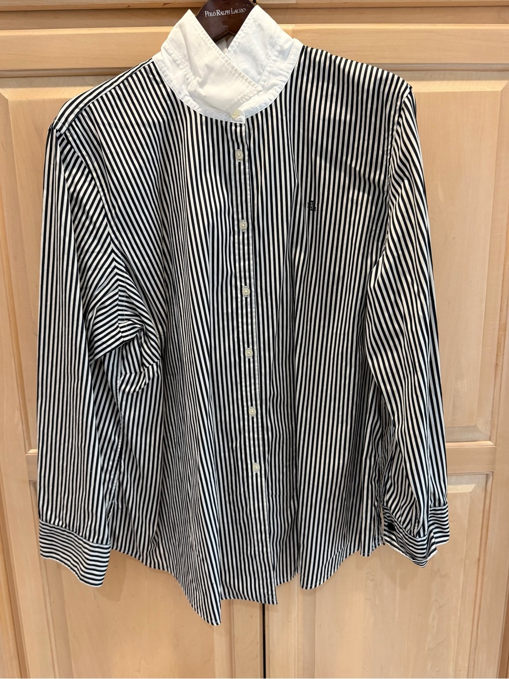 Lauren Ralph Lauren Black and White Striped Button-Down Shirt with White Collar
